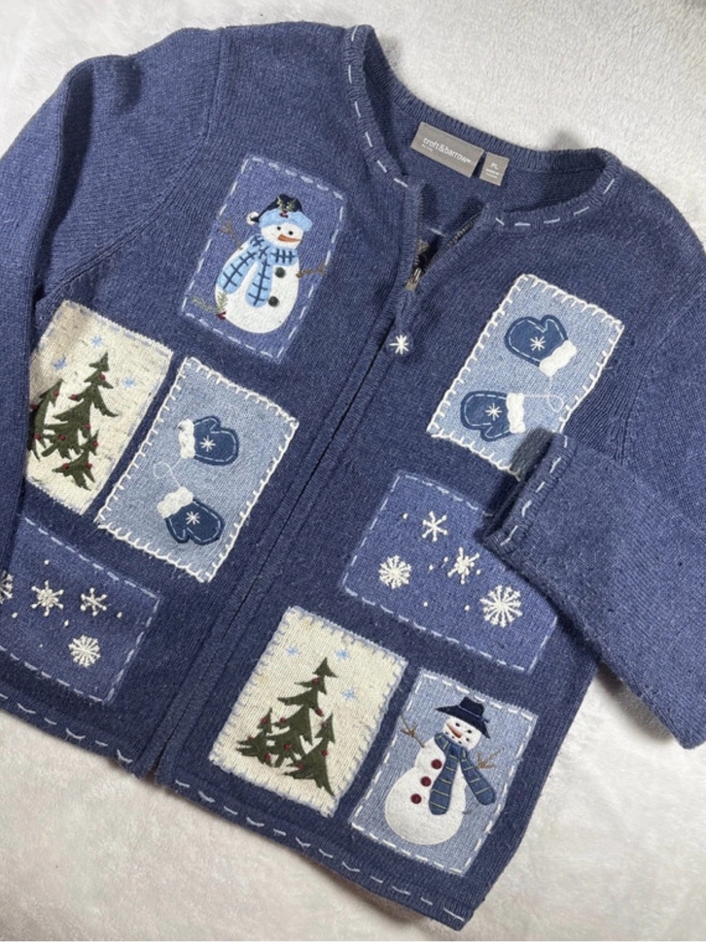 Vintage Women’s croft & barrow Navy Blue Patchwork Snowman Zip Cardigan